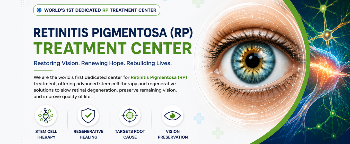 Promotional banner of RP Treatment Center for Retinitis Pigmentosa treatment with close-up human eye, neural network background, and text highlighting stem cell therapy, regenerative healing, vision preservation